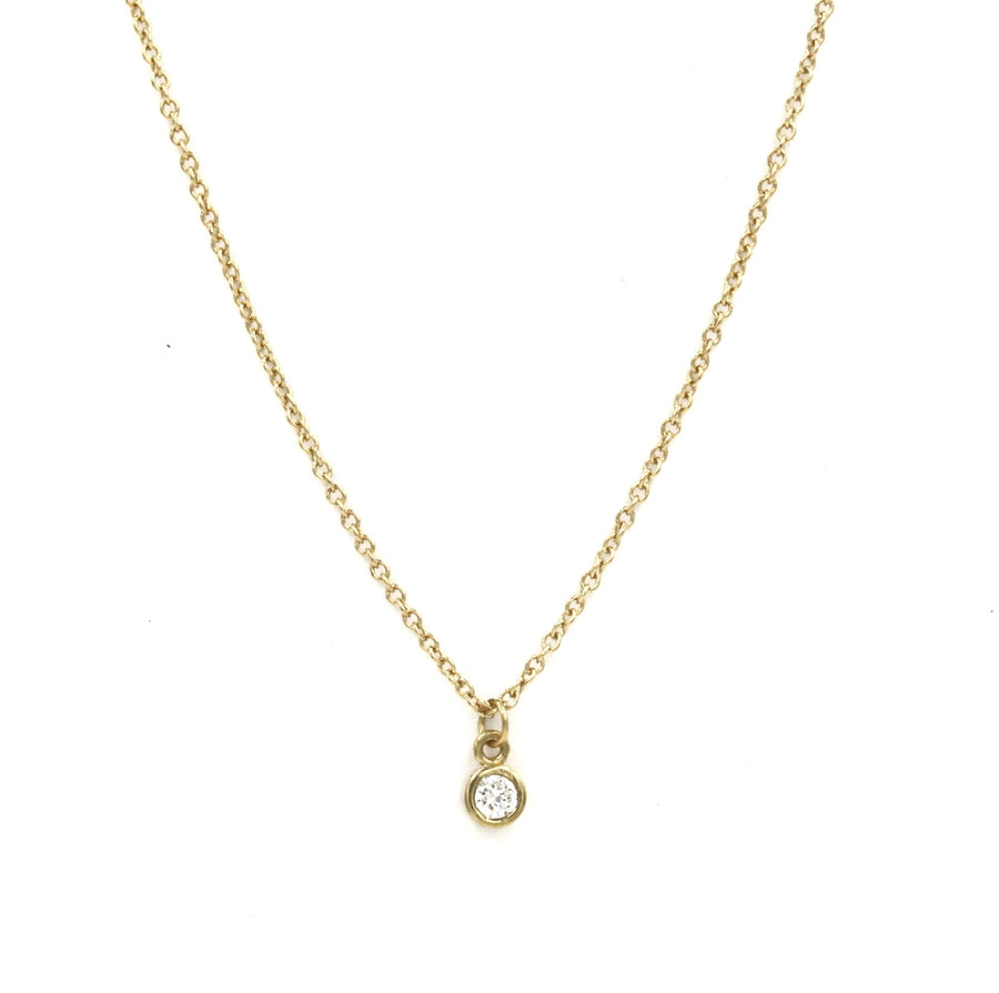 "The Great One" AKA Round Diamond Bezel Solitaire Drop Pendant (1/10 carat total weight, 3mm diamond) 14k Yellow Gold Necklace