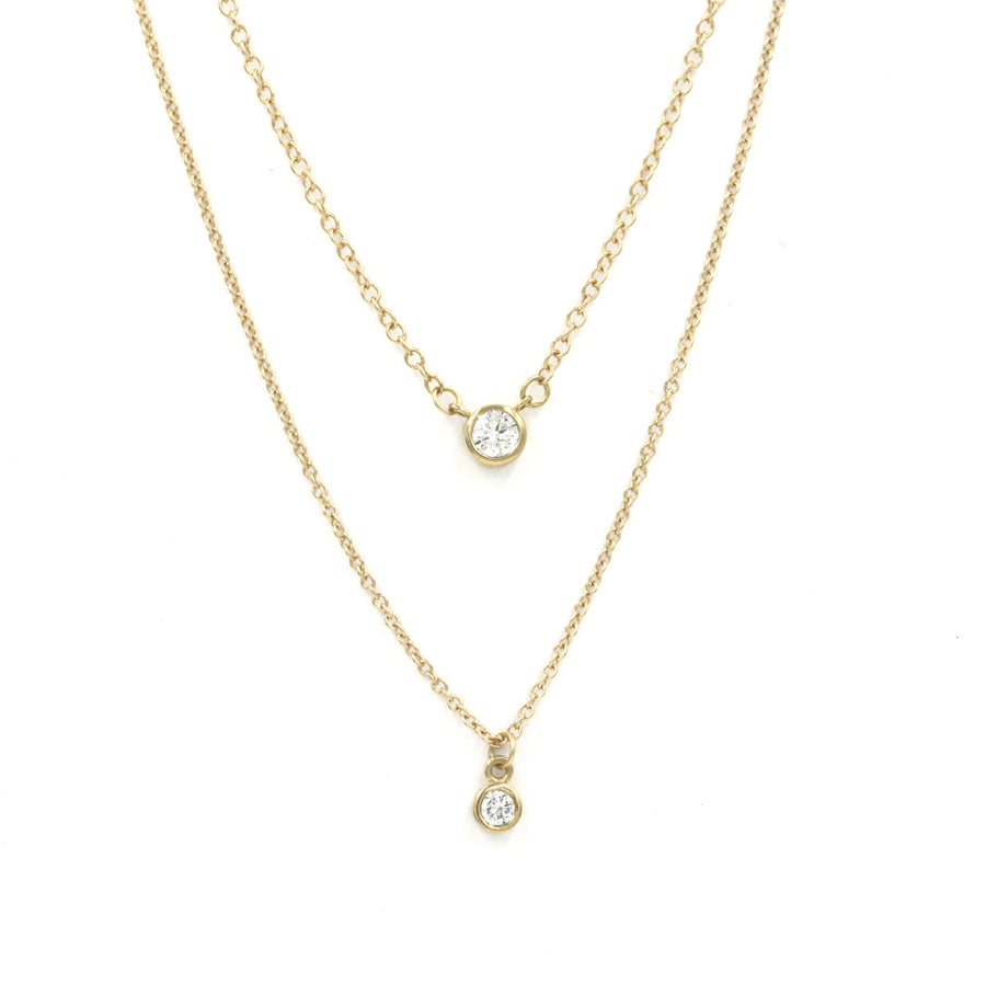 "The Great One" AKA Round Diamond Bezel Solitaire Drop Pendant (1/10 carat total weight, 3mm diamond) 14k Yellow Gold Necklace